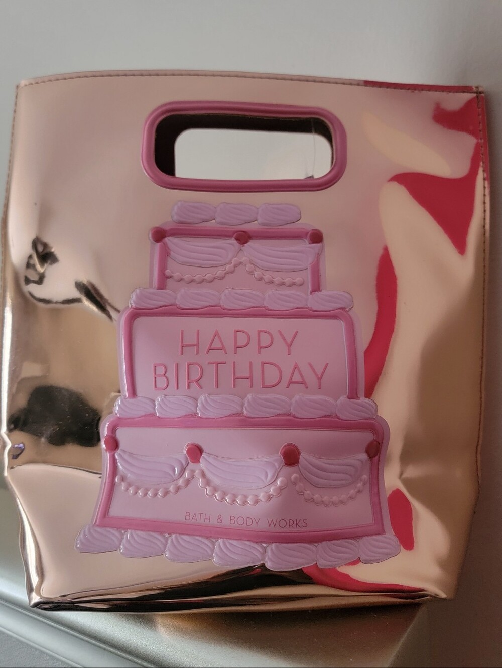 Bath & Body Works Rose Gold Birthday Gift Bag with Pink Cake Accent